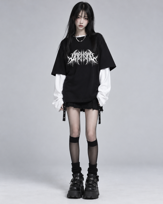 Black Layered Graphic Long Sleeve T-Shirt – Alternative Gothic Oversized Top