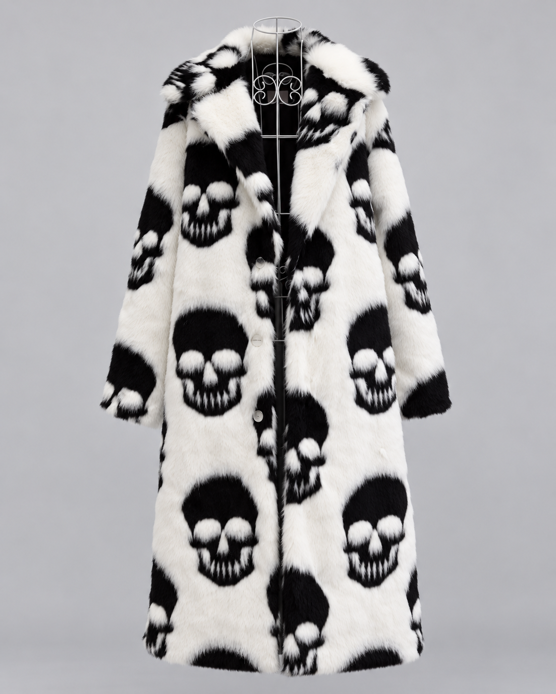 Gothic Skull Print Faux Fur Long Coat – Black & White