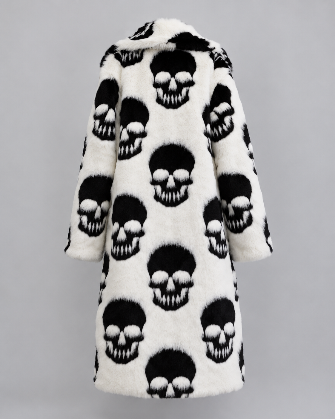 Gothic Skull Print Faux Fur Long Coat – Black & White