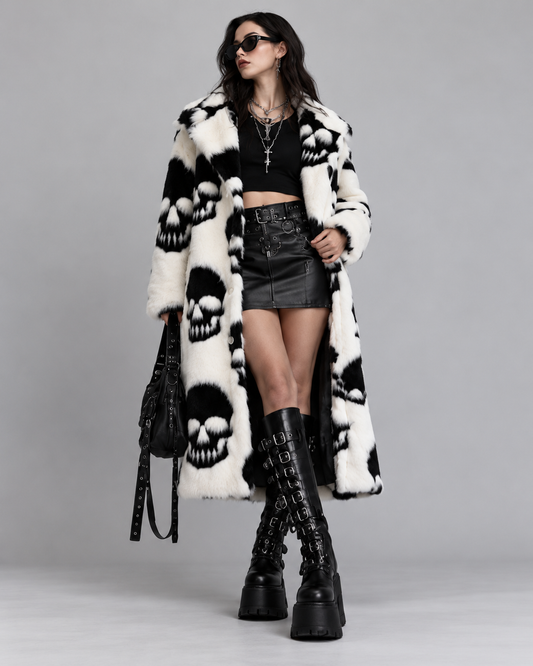 Gothic Skull Print Faux Fur Long Coat – Black & White