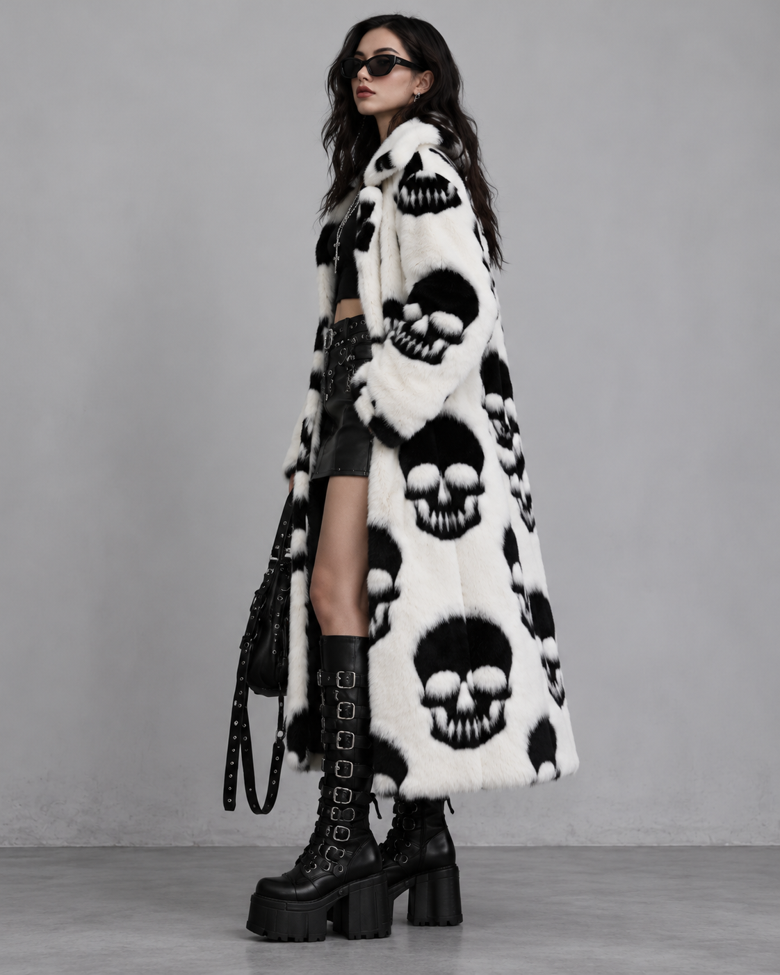 Gothic Skull Print Faux Fur Long Coat – Black & White