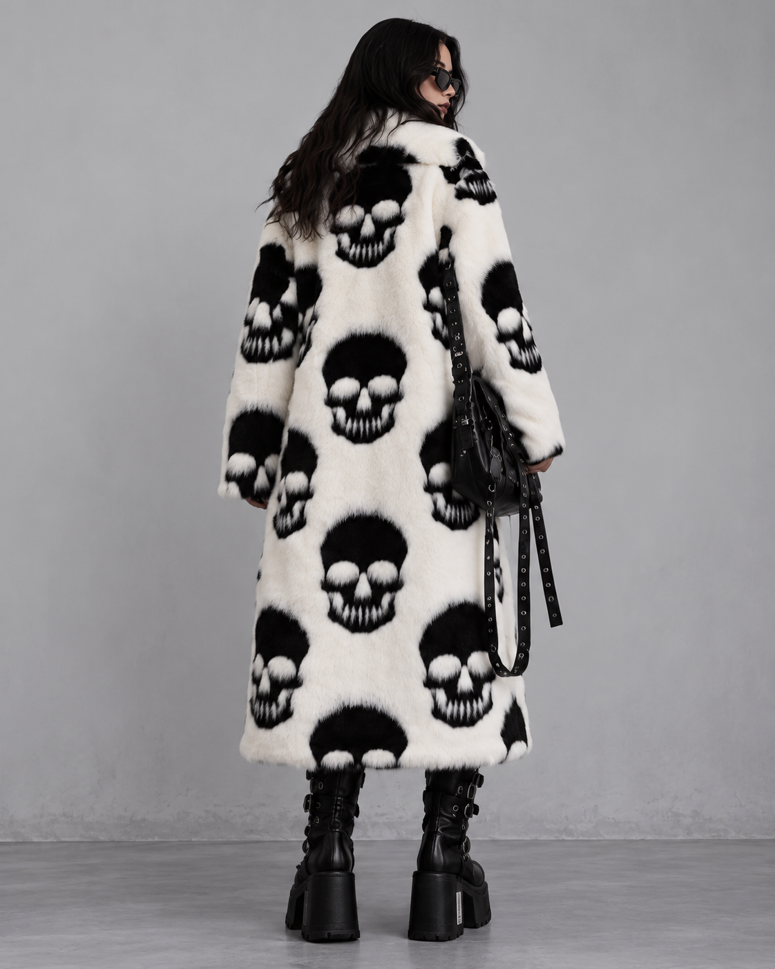 Gothic Skull Print Faux Fur Long Coat – Black & White