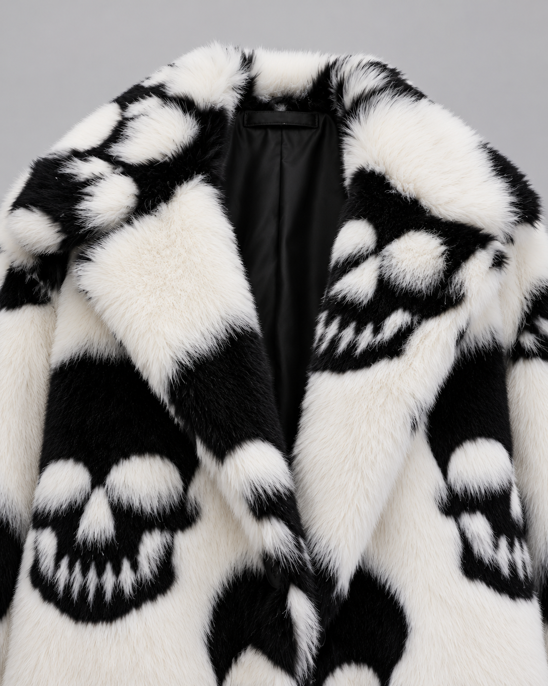 Gothic Skull Print Faux Fur Long Coat – Black & White