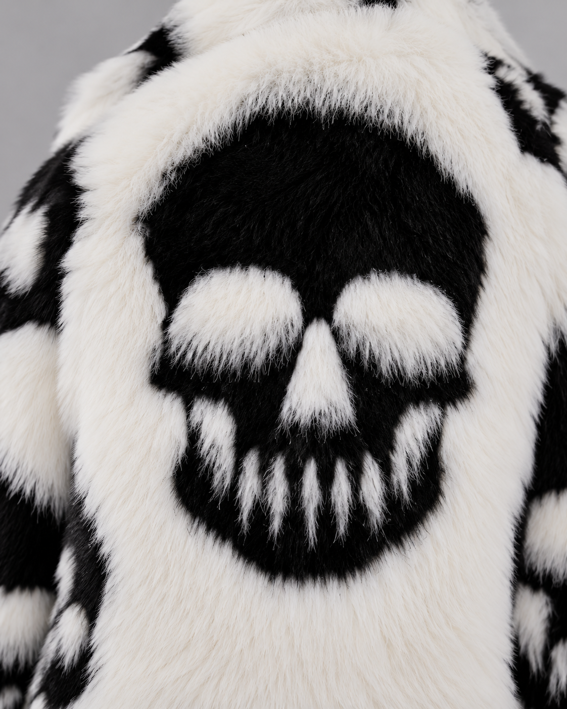 Gothic Skull Print Faux Fur Long Coat – Black & White