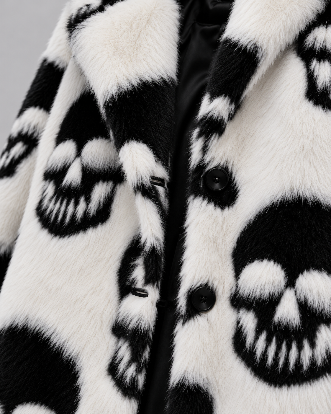 Gothic Skull Print Faux Fur Long Coat – Black & White
