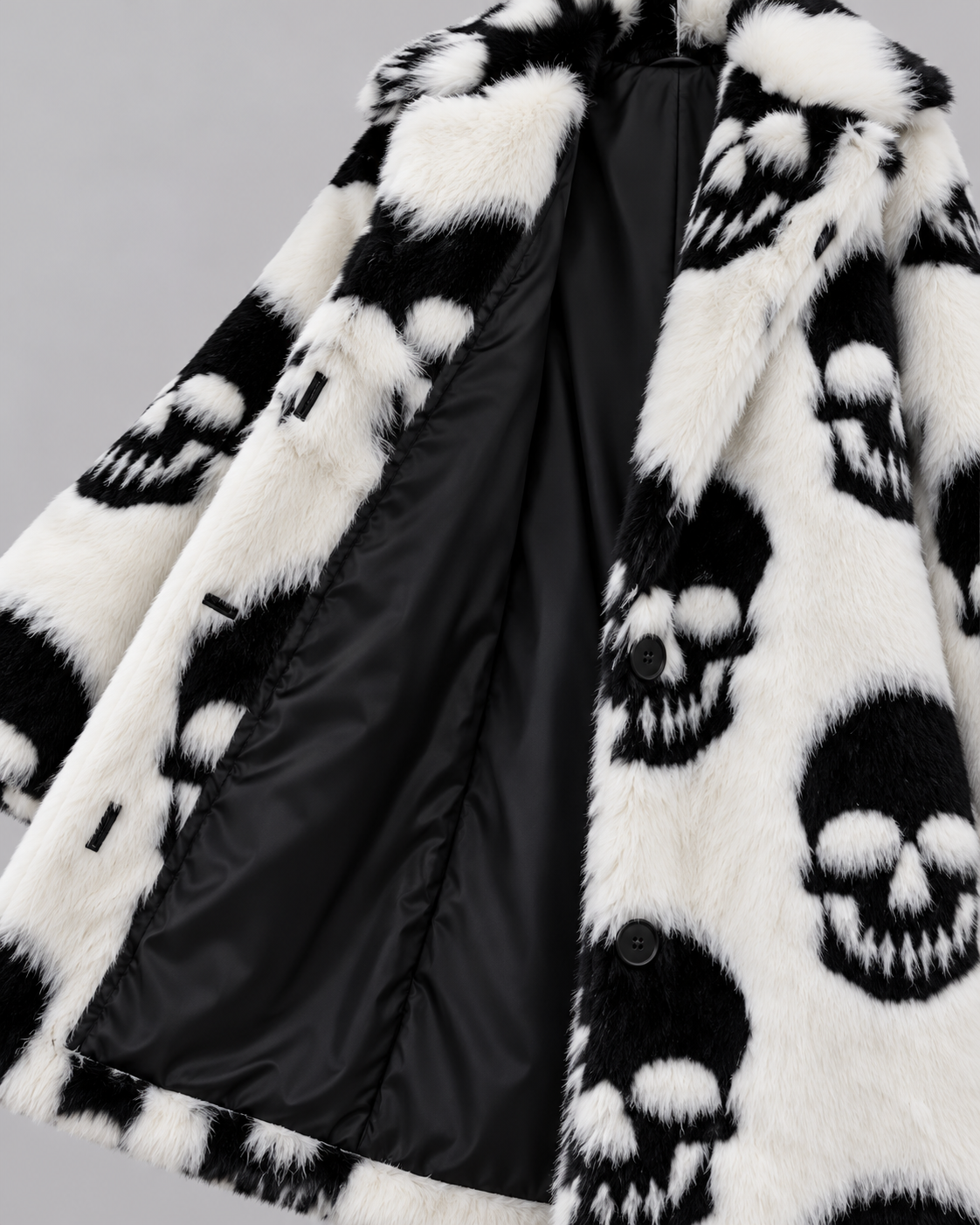 Gothic Skull Print Faux Fur Long Coat – Black & White