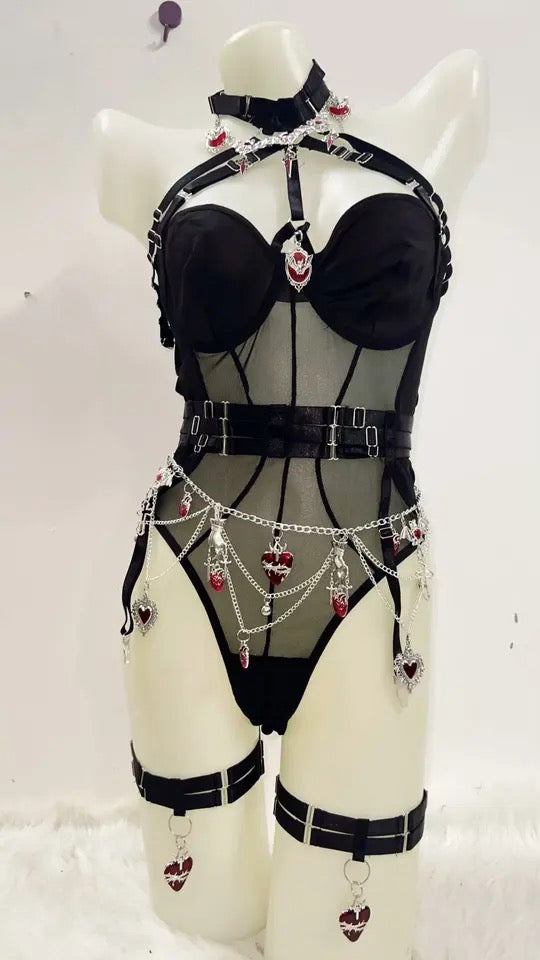 Black Mesh Punk Bodysuit Lingerie Chain 3 Piece Set