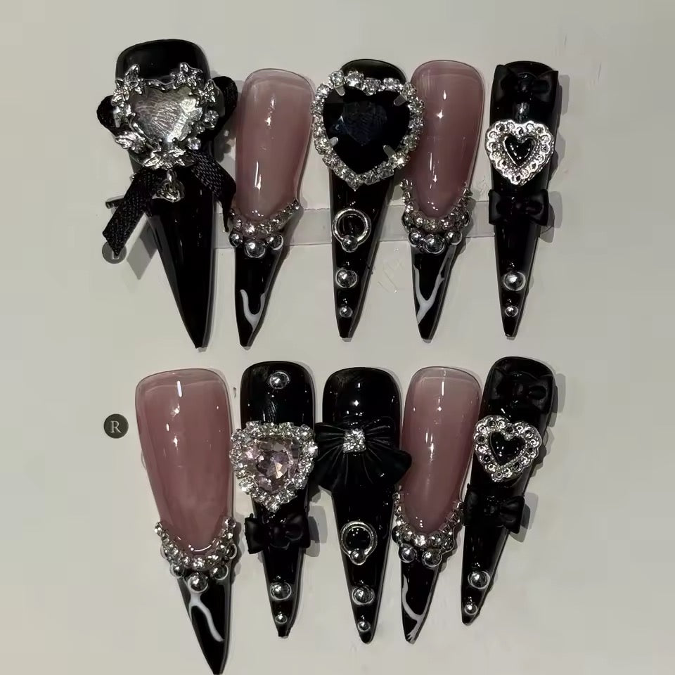 Black French Stiletto Handmade Rhinestone Heart Punk Y2k Press On Nails