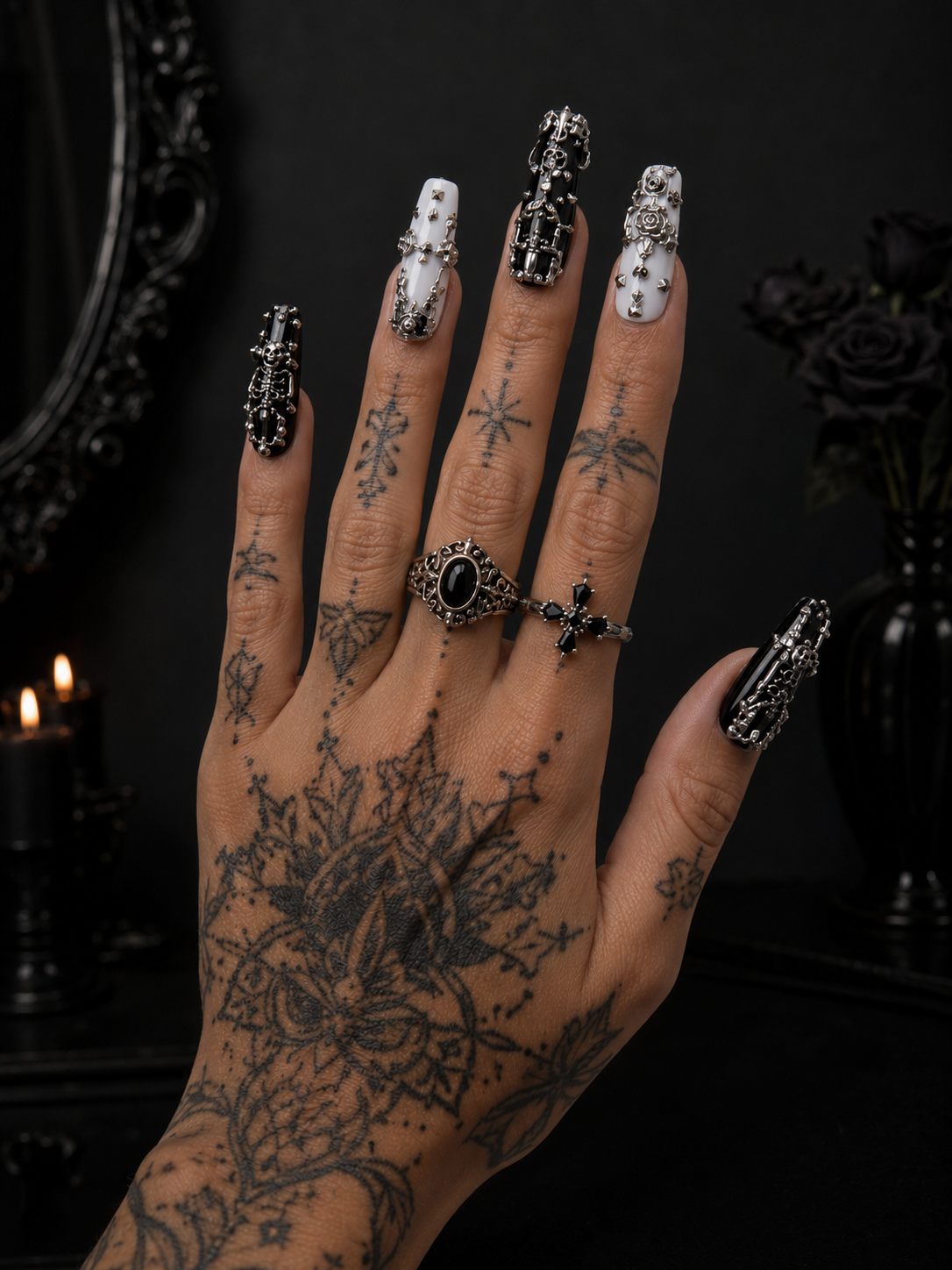 Monochrome Skeleton Punk Studded Long Square Press On Handmade Nails