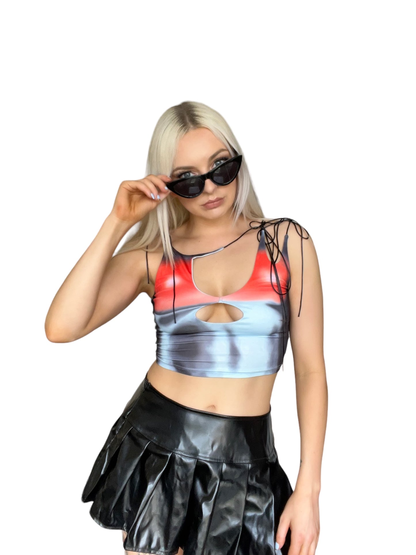 Multicoloured 3D Print Cut Out Rave Crop Top