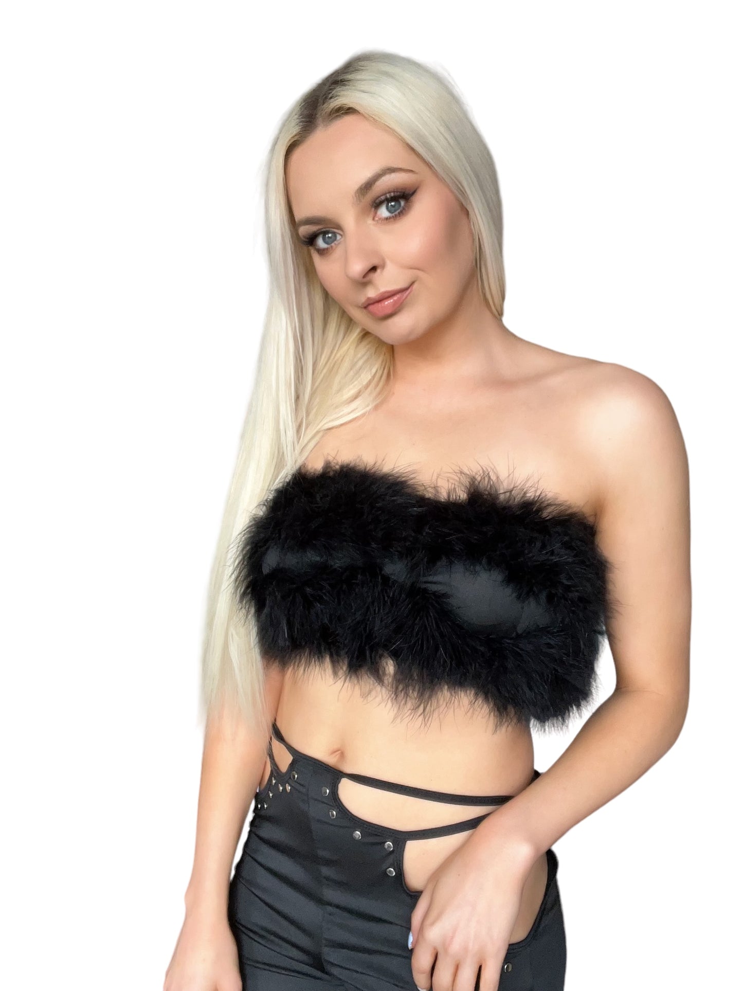 Black Fluffy Faux Fur Bandeau Crop Top