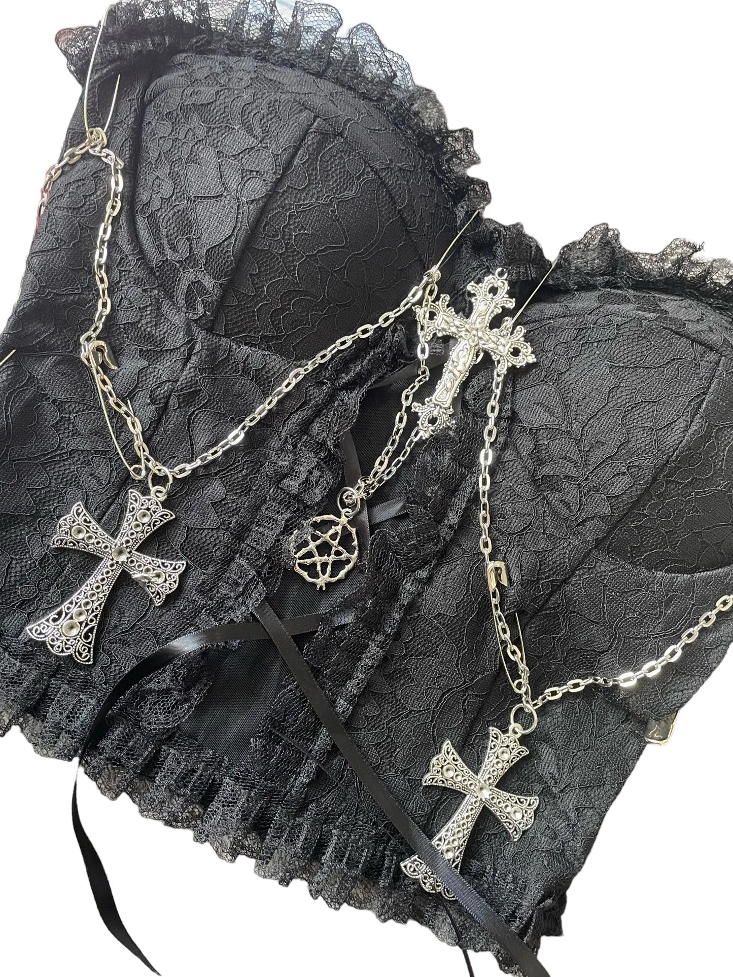 Black Lace Gothic Chain Cross Corset Crop Top