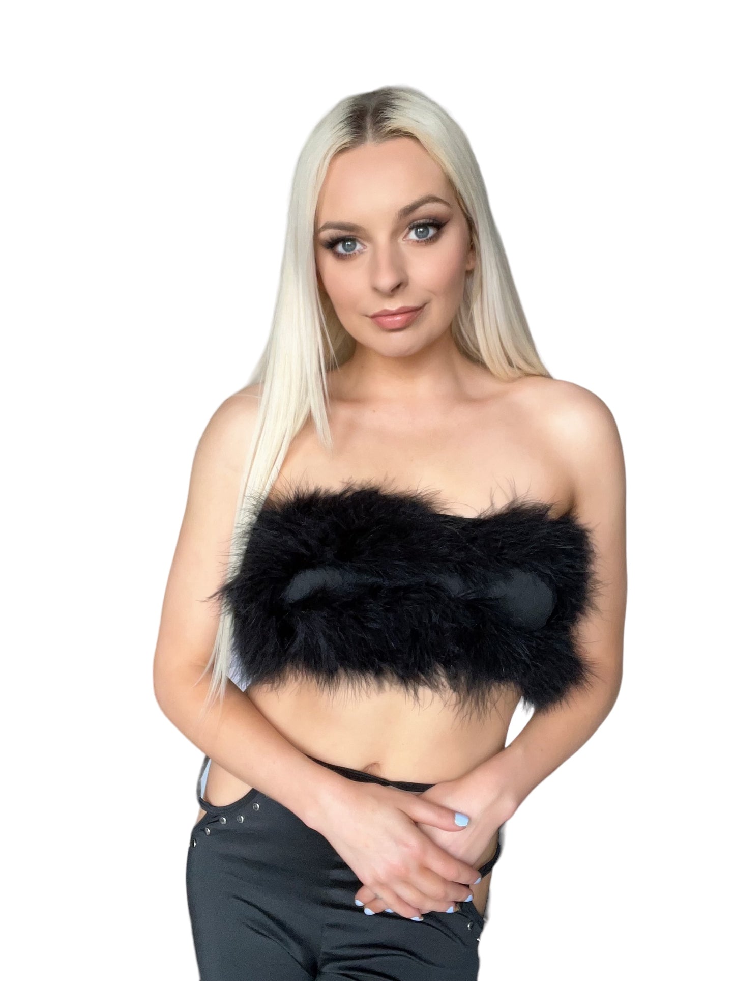 Black Fluffy Faux Fur Bandeau Crop Top