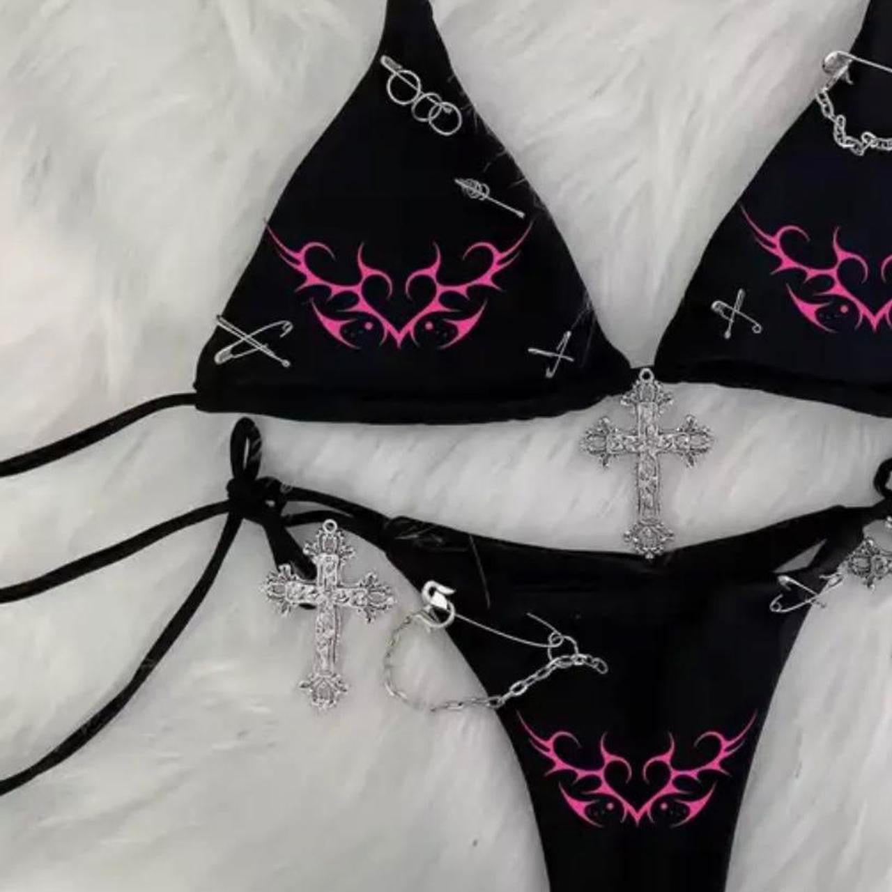 Black Punk Heart Gothic Chain Bikini Set