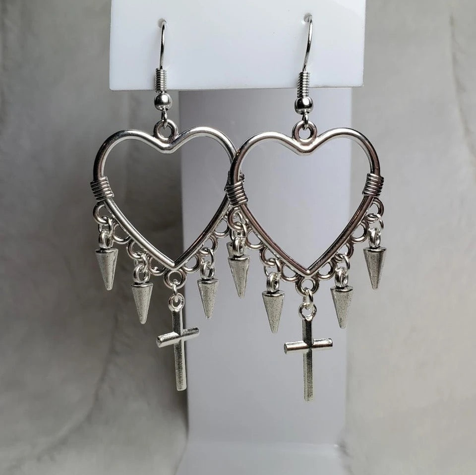 Silver Heart Spike Punk Hoop Earings