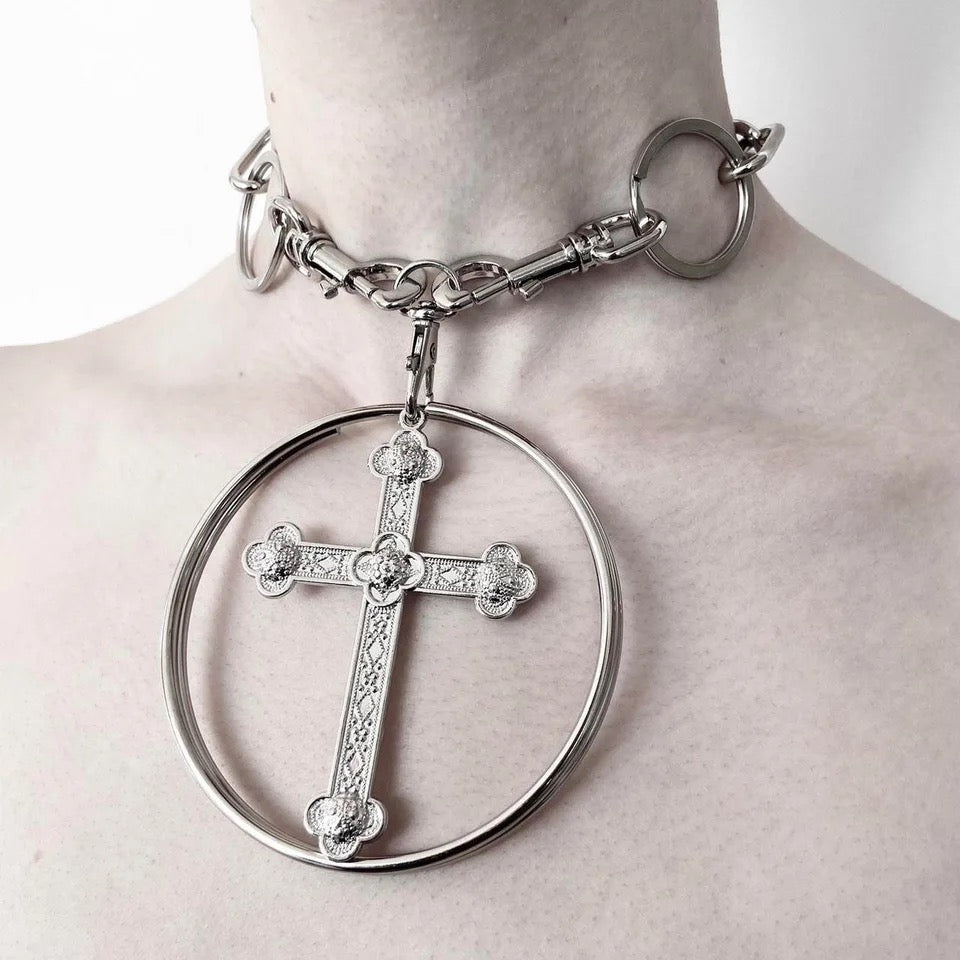 Silver Chunky Punk Cross O Ring Choker Necklace