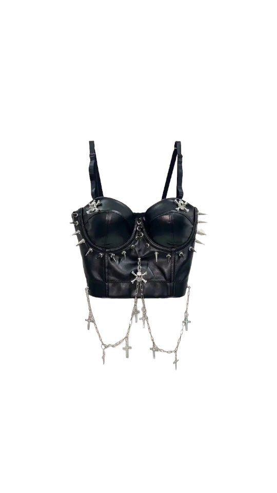 Black Faux Leather Gothic Chain Corset Crop Top