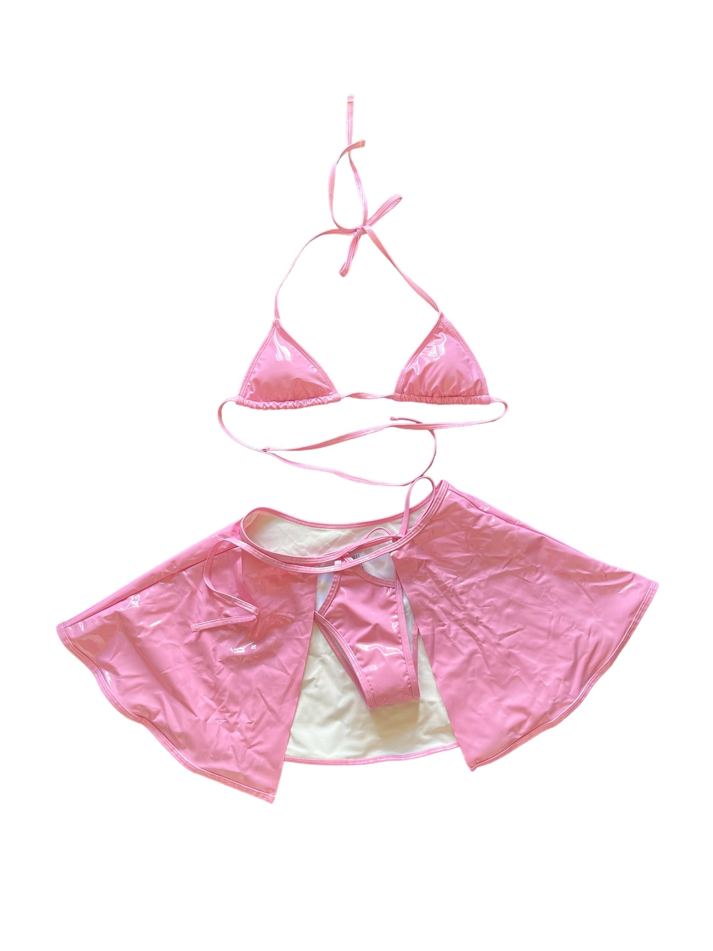 Pink PVC Faux Leather 3 Piece Rave Outfit Set