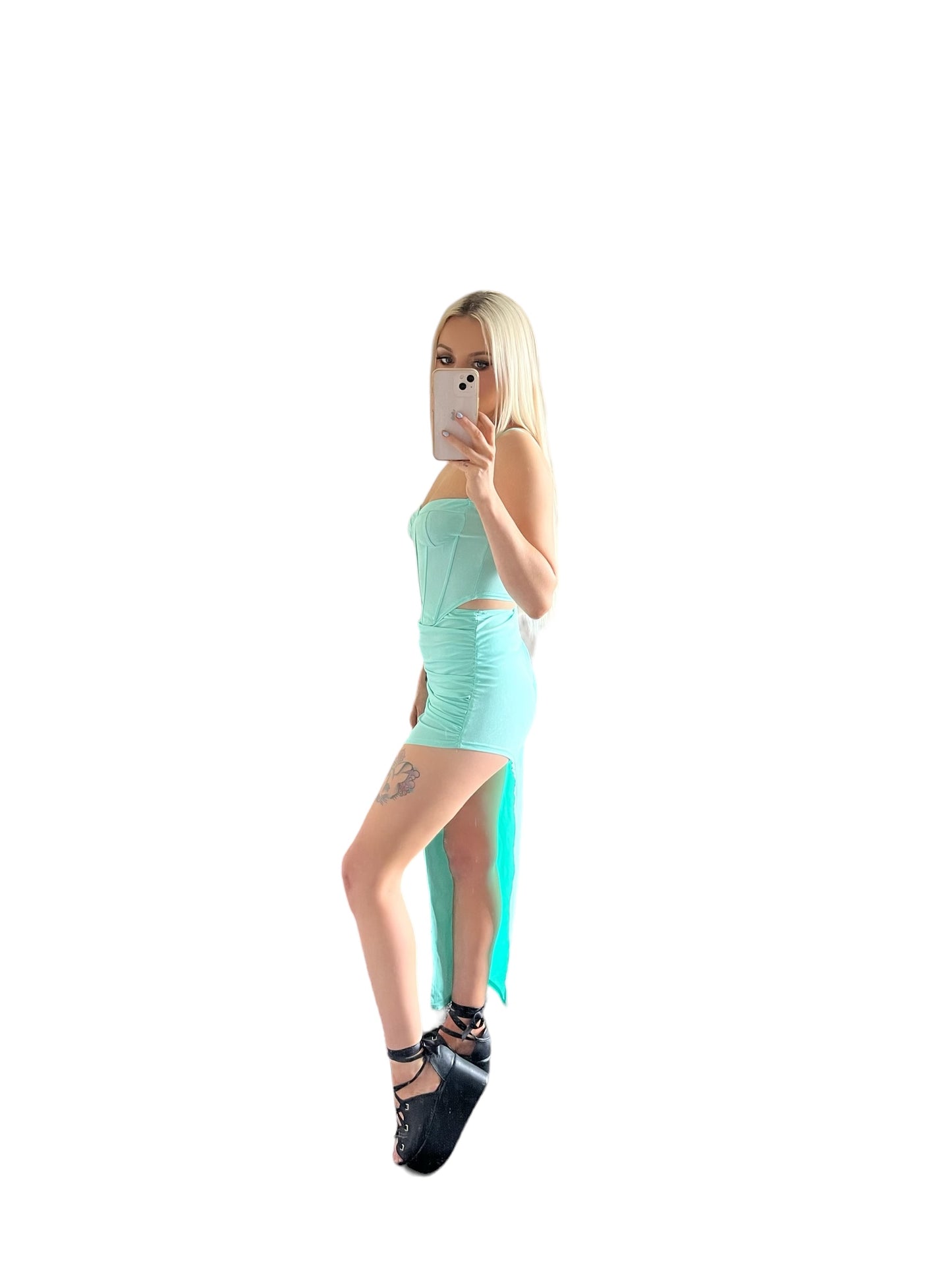 Turquoise 2 Piece Corset Asymmetric Maxi Skirt Outfit