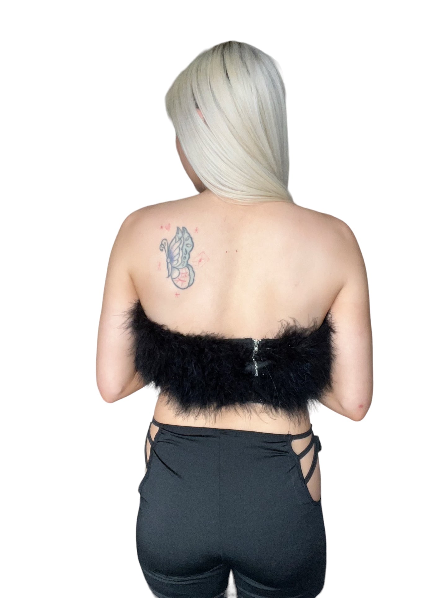 Black Fluffy Faux Fur Bandeau Crop Top