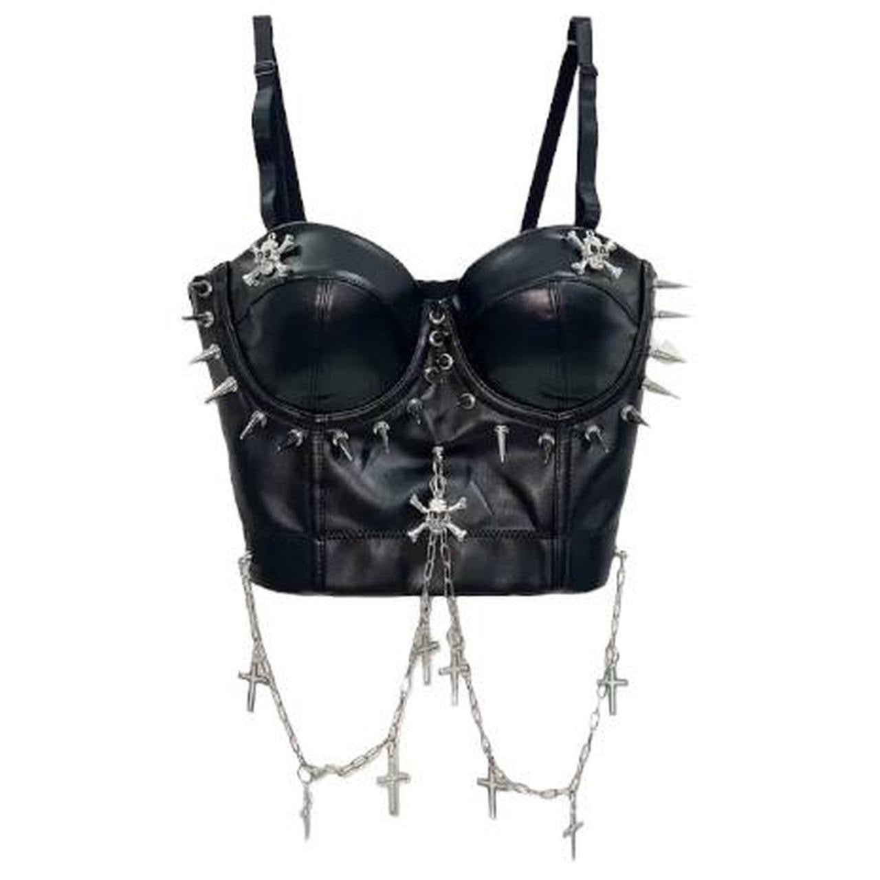 Black Faux Leather Punk Chain Corset Crop Top