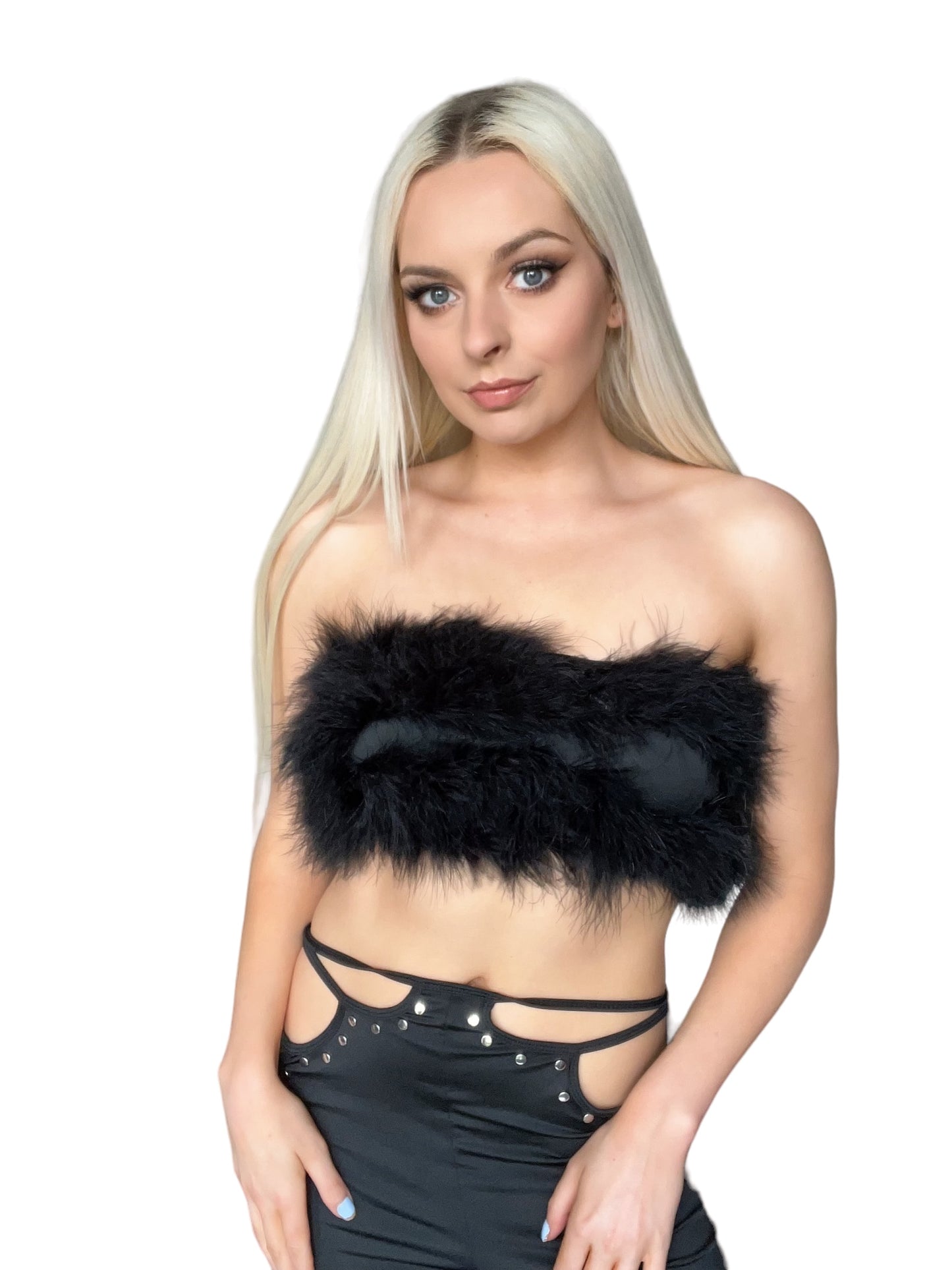 Black Fluffy Faux Fur Bandeau Crop Top