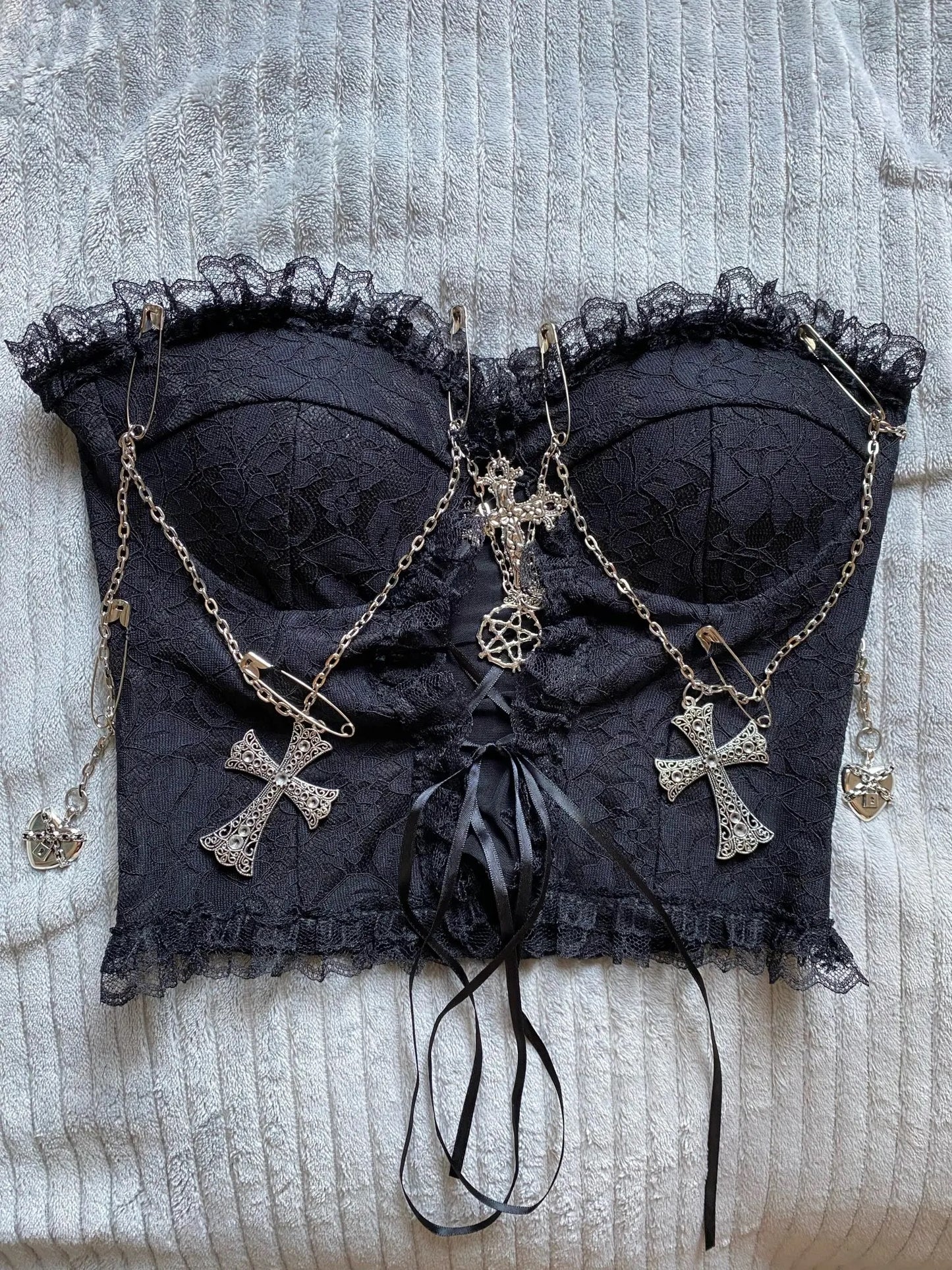 Black Lace Gothic Chain Cross Corset Crop Top