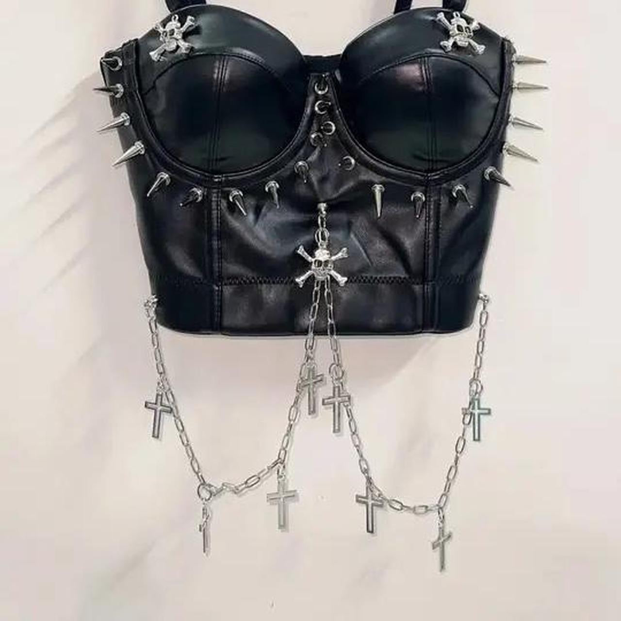 Black Faux Leather Punk Chain Corset Crop Top