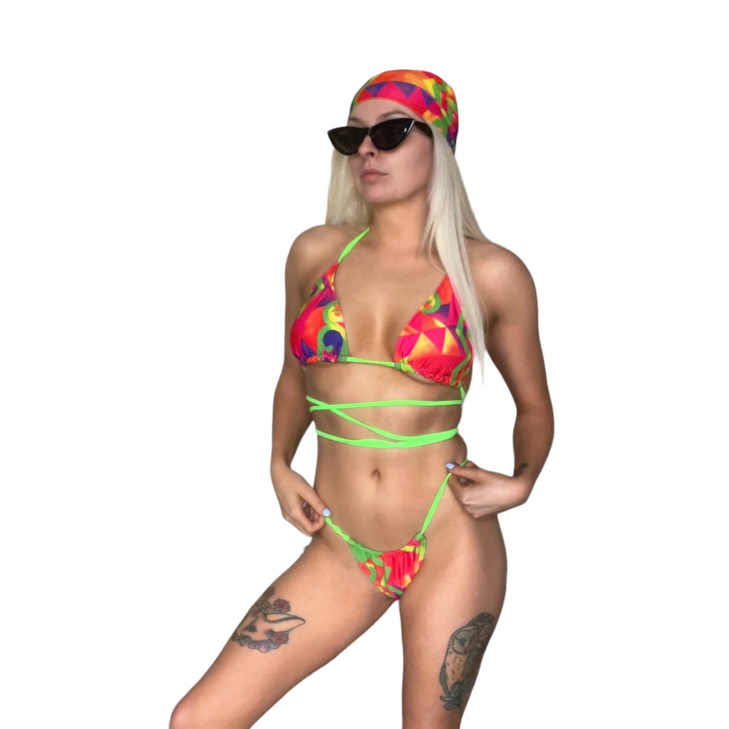 Red And Neon Green Abstract 3 Piece Bikini Bandana Set