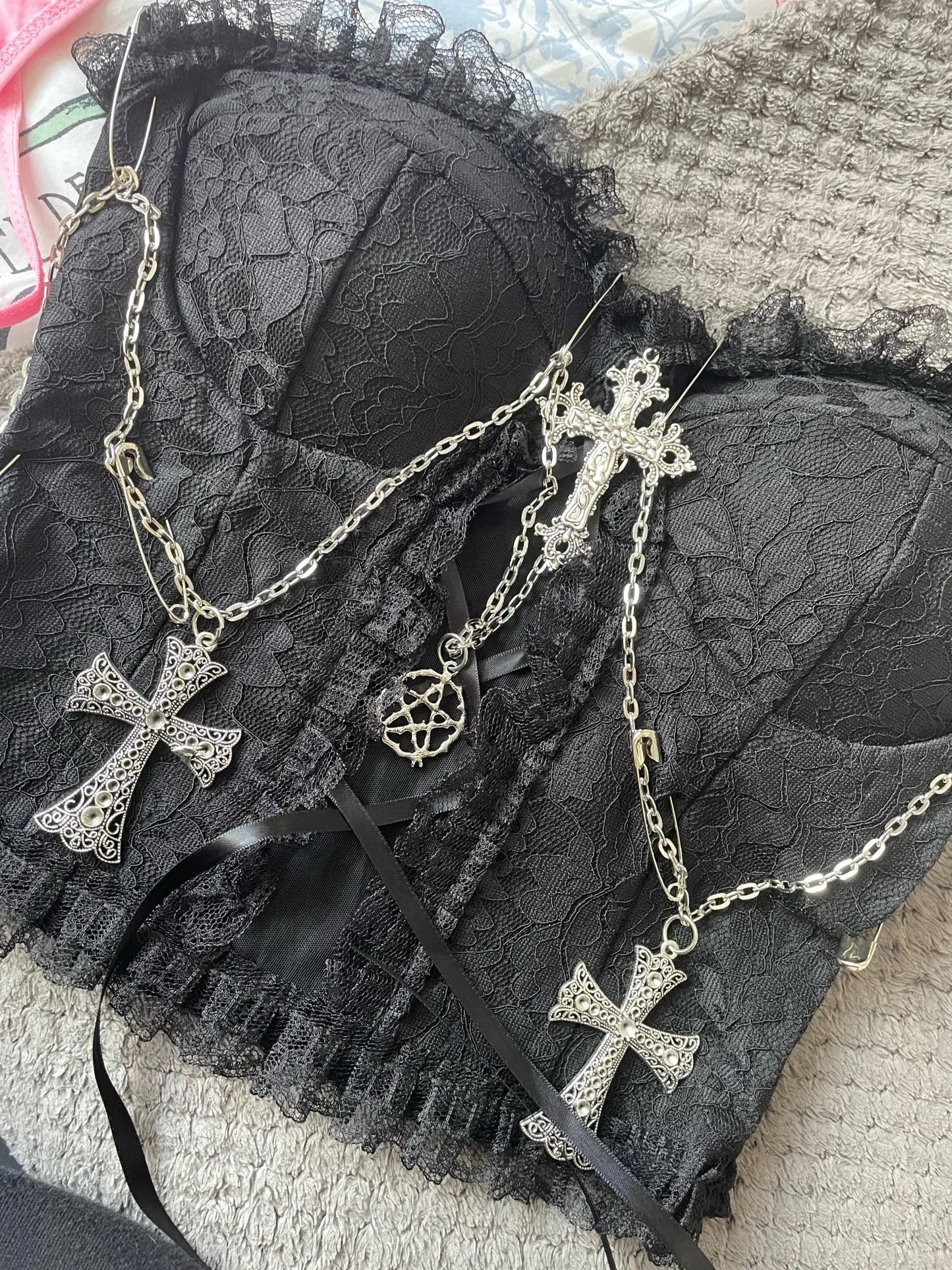 Black Lace Gothic Chain Cross Corset Crop Top