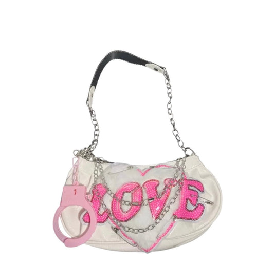 White Faux Leather Punk Chain Handcuff Shoulder Bag