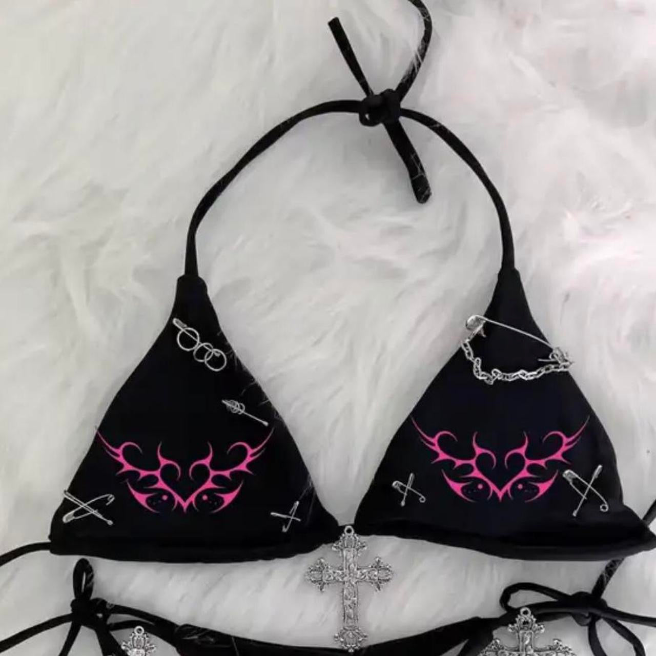 Black Punk Heart Gothic Chain Bikini Set