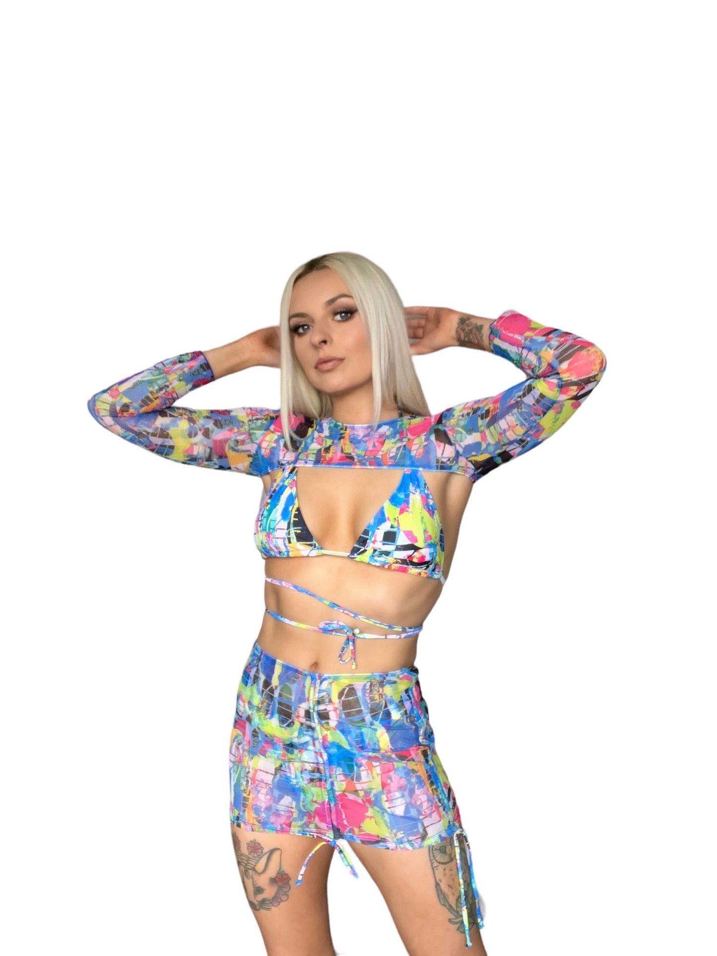 Multicoloured 4 Piece Bikini Mesh Crop Top Mini Skirt Sarong Set