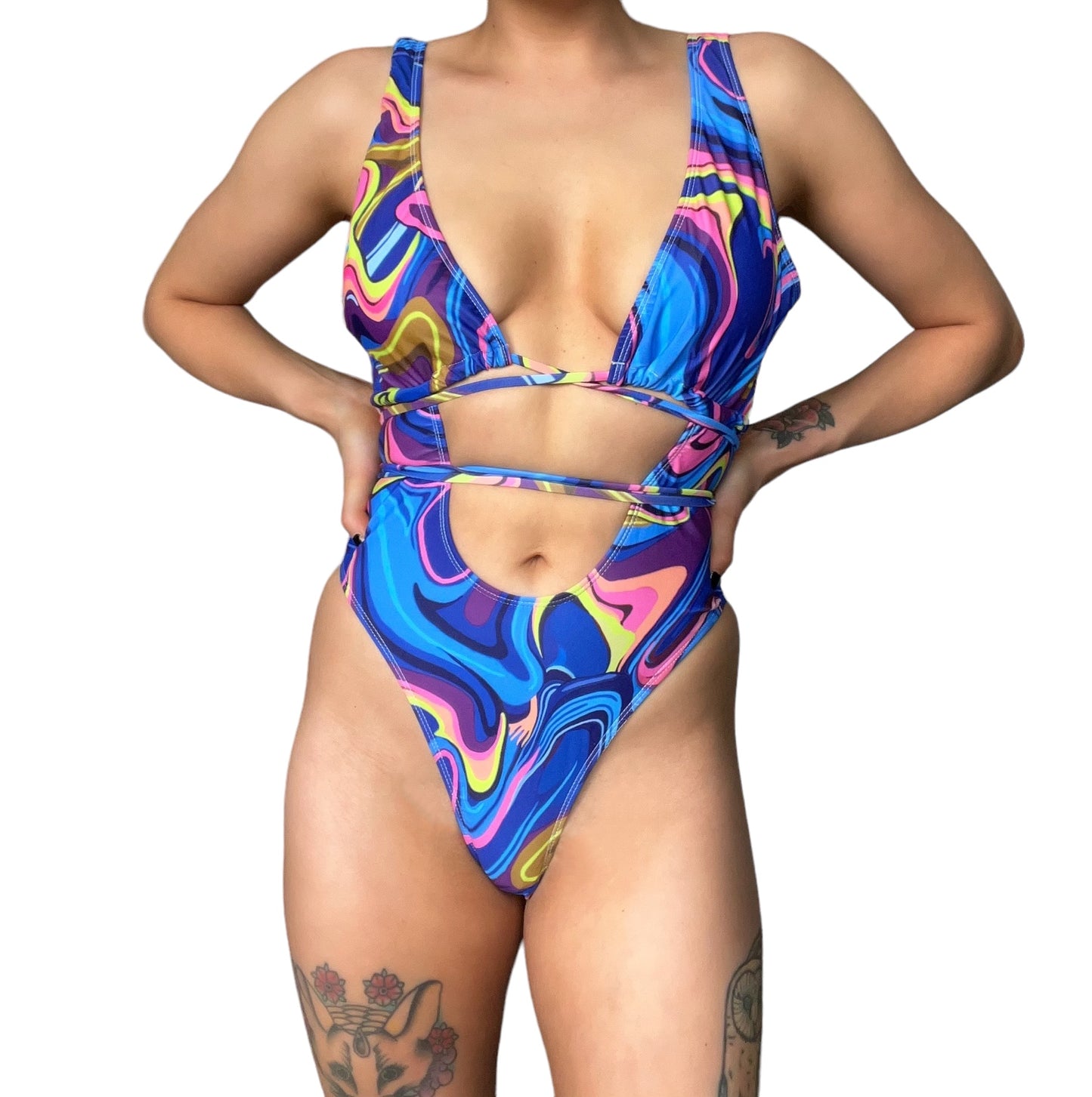 Blue Multicoloured Swirl Print Cut Out Swimsuit