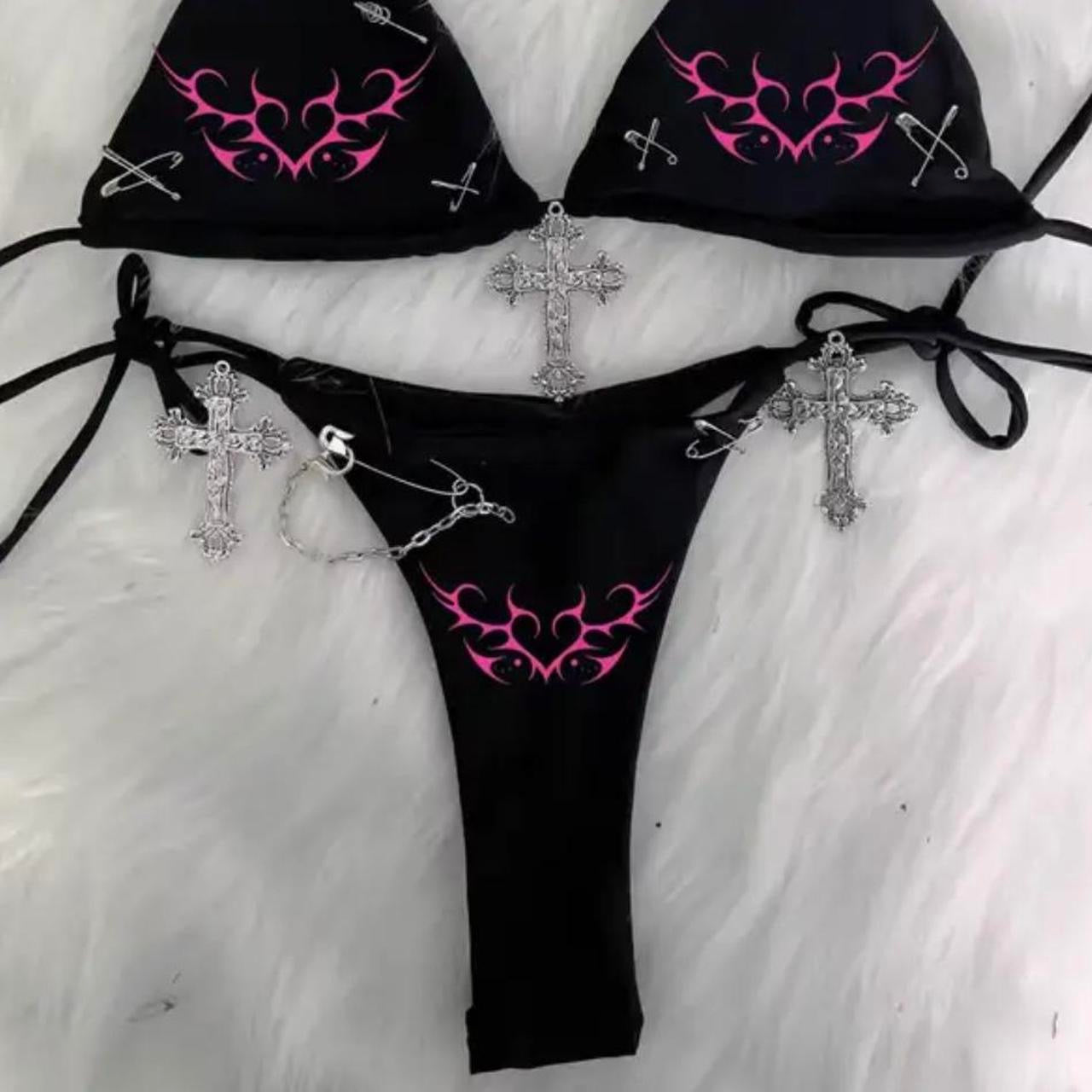 Black Punk Heart Gothic Chain Bikini Set