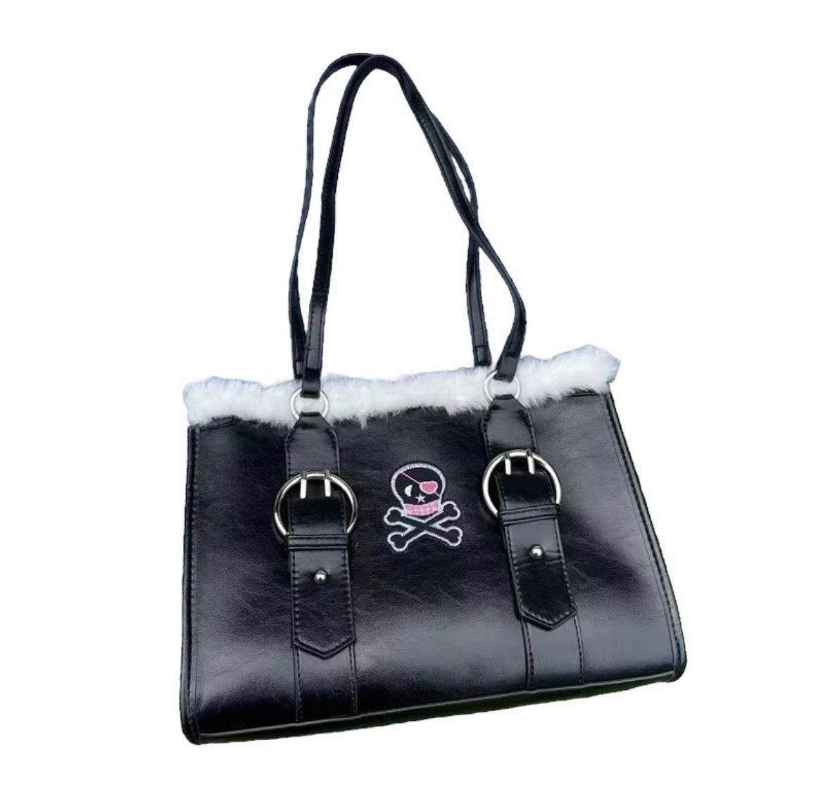 Black Faux Leather Gothic Fluffy Tote Bag