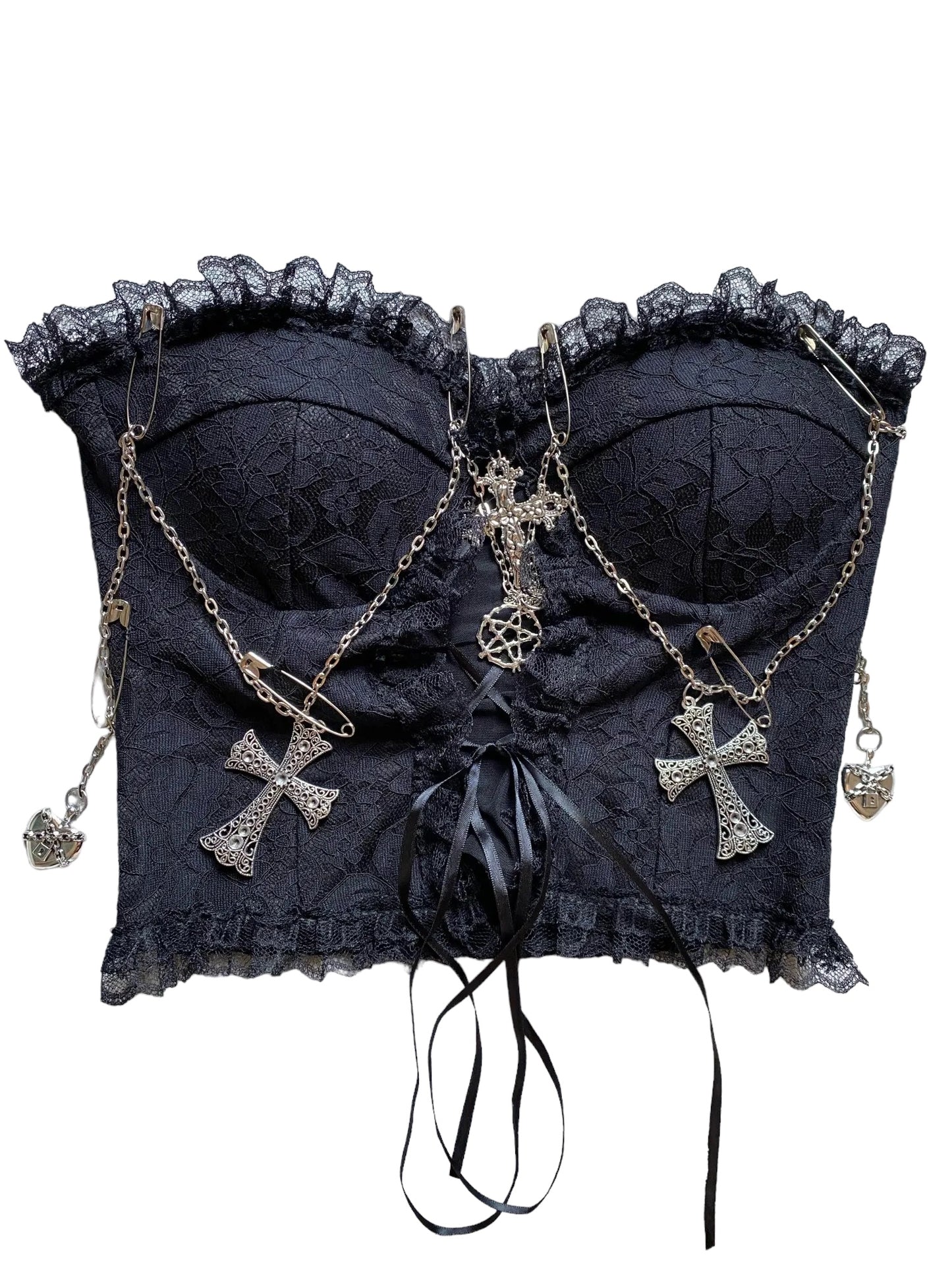 Black Lace Gothic Chain Cross Corset Crop Top