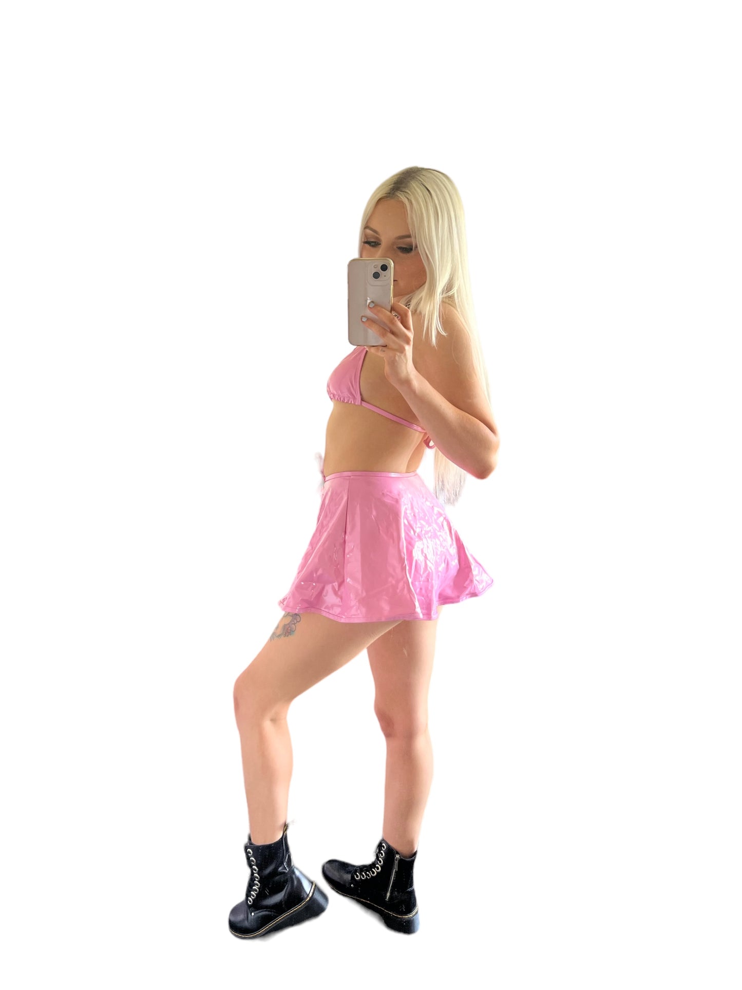 Pink PVC Faux Leather 3 Piece Rave Outfit Set