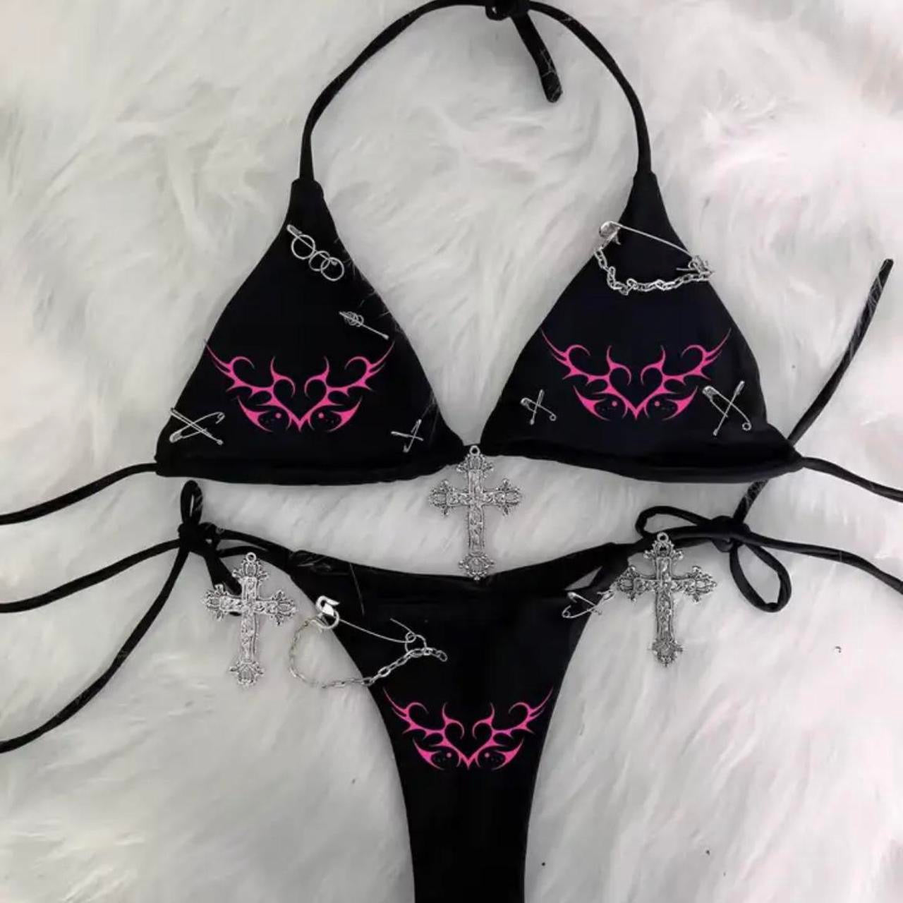 Black Punk Heart Gothic Chain Bikini Set