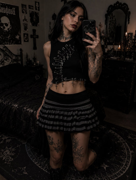 Grey And Black Striped Emo Y2k Mini Skirt