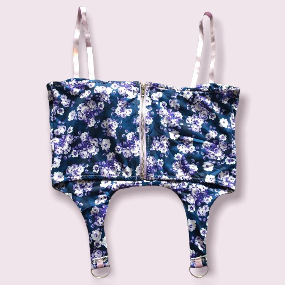 Purple Floral Corset Suspender Crop Top