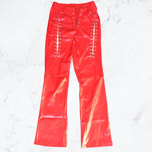 Red Faux Leather Lace Up Straight Leg Trousers