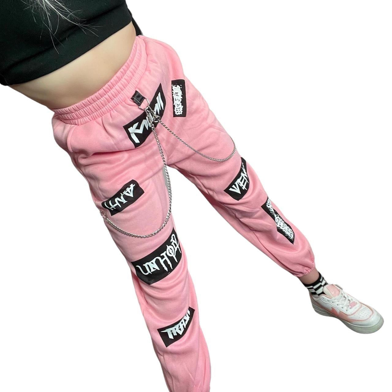 Pink Punk Chain Patch Casual Jogging Bottoms