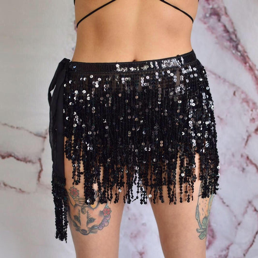 Black Sequin Tassel Wrap Mini Skirt