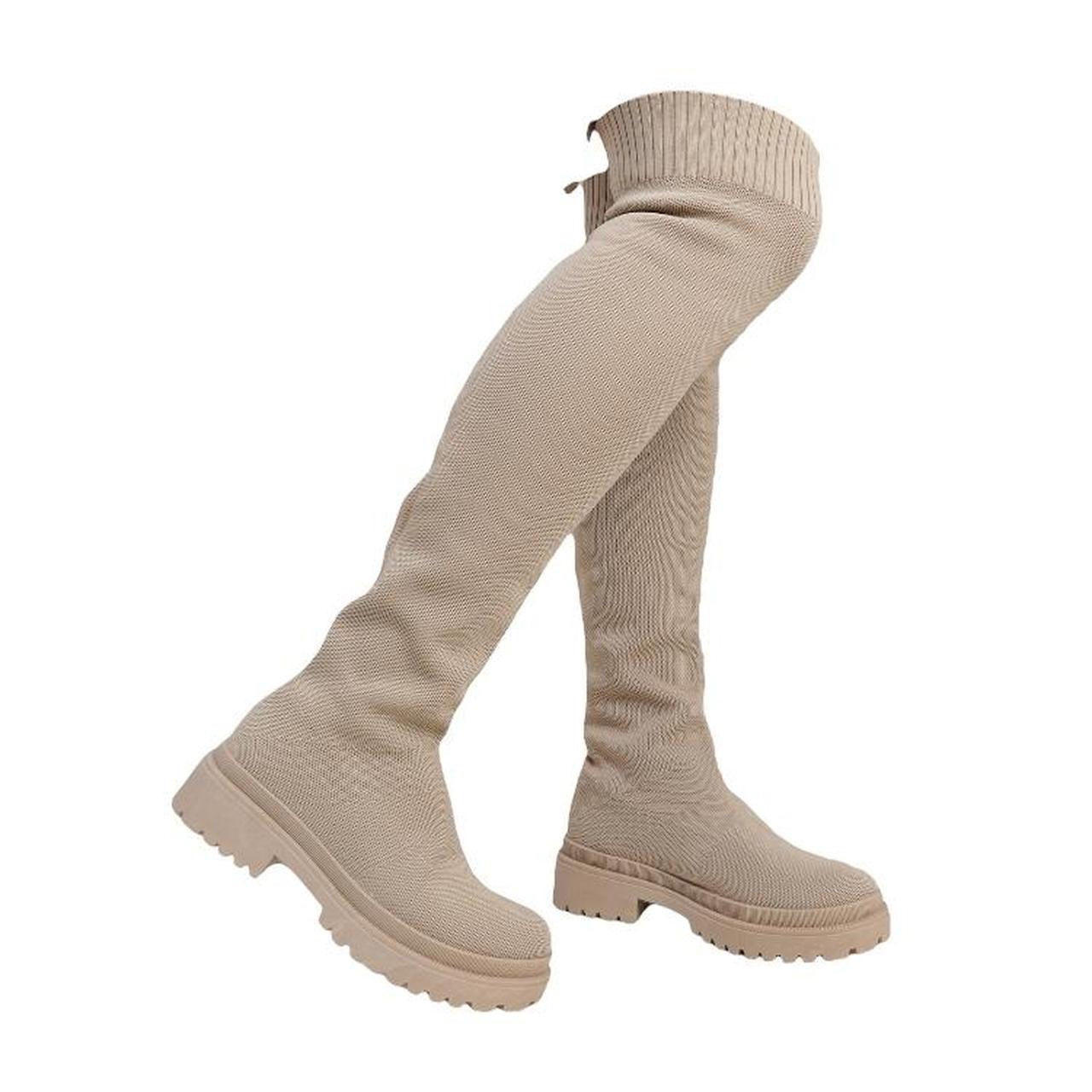 Cream Over Knee Chunky Sock Boots