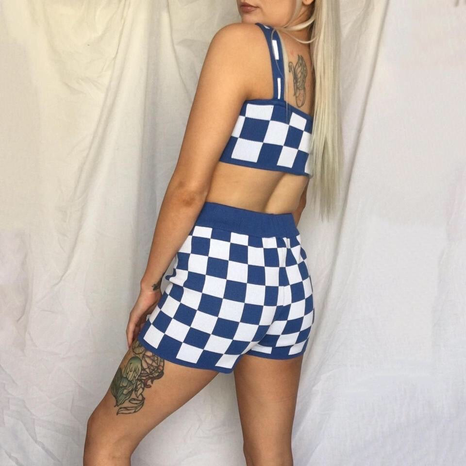 Knitted Blue Checkerboard 2 Piece Shorts Set