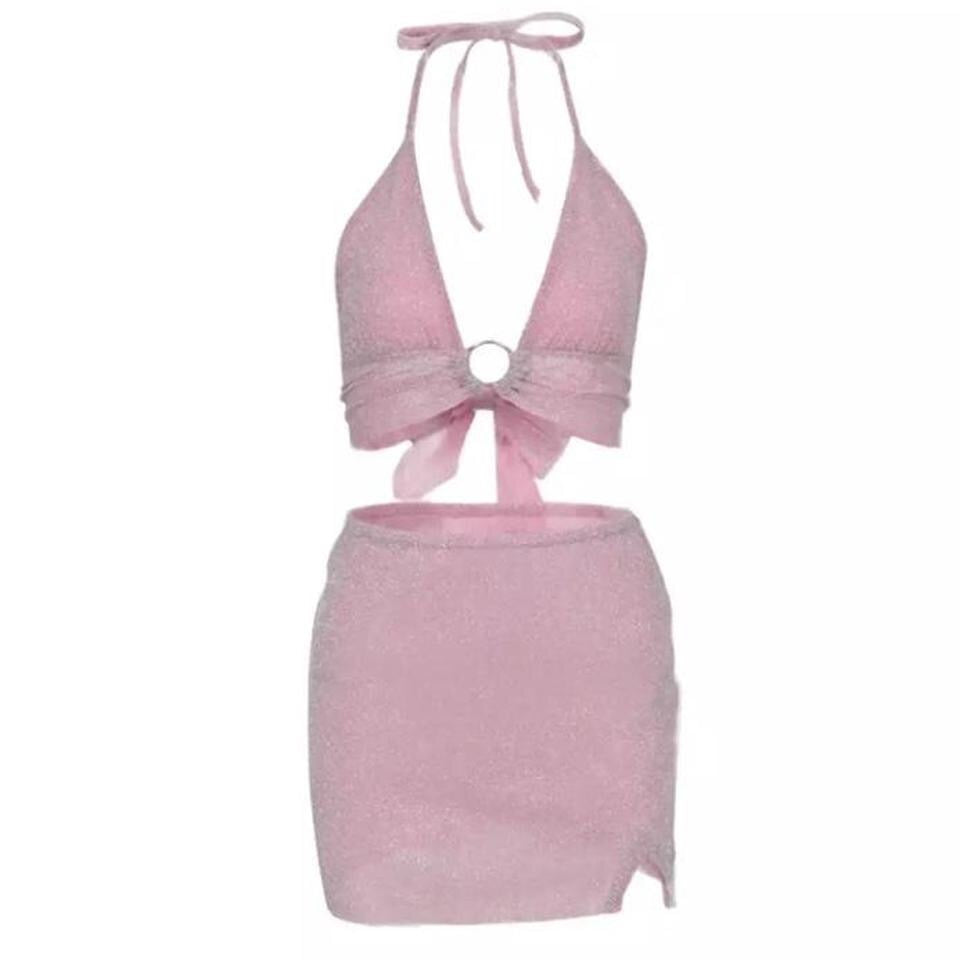 Pink Glitter 2 Piece Mesh Skirt Festival Set