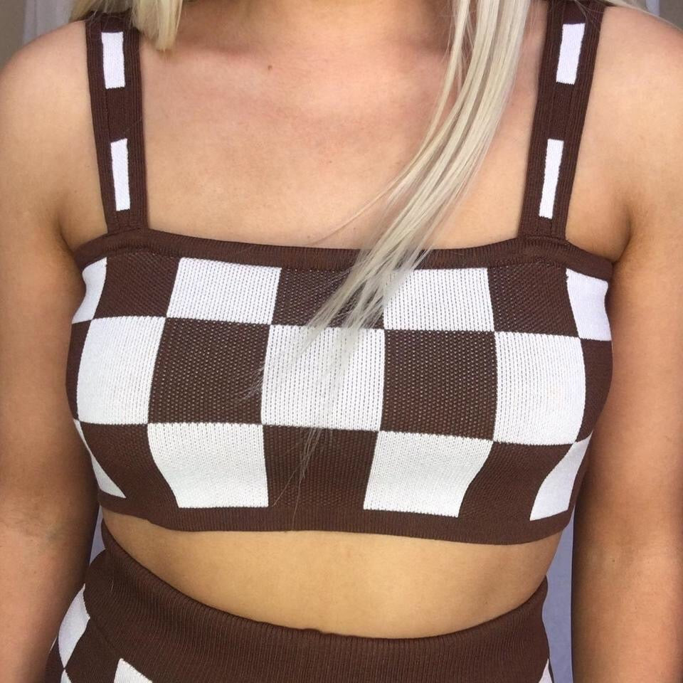 Brown Checkerboard Knitted Shorts Set