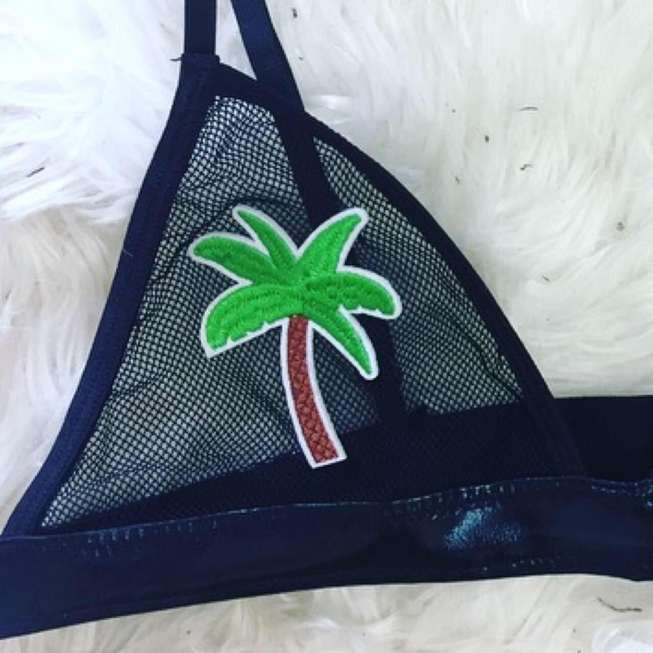 Palm Tree Patch Mesh Faux Leather Bra