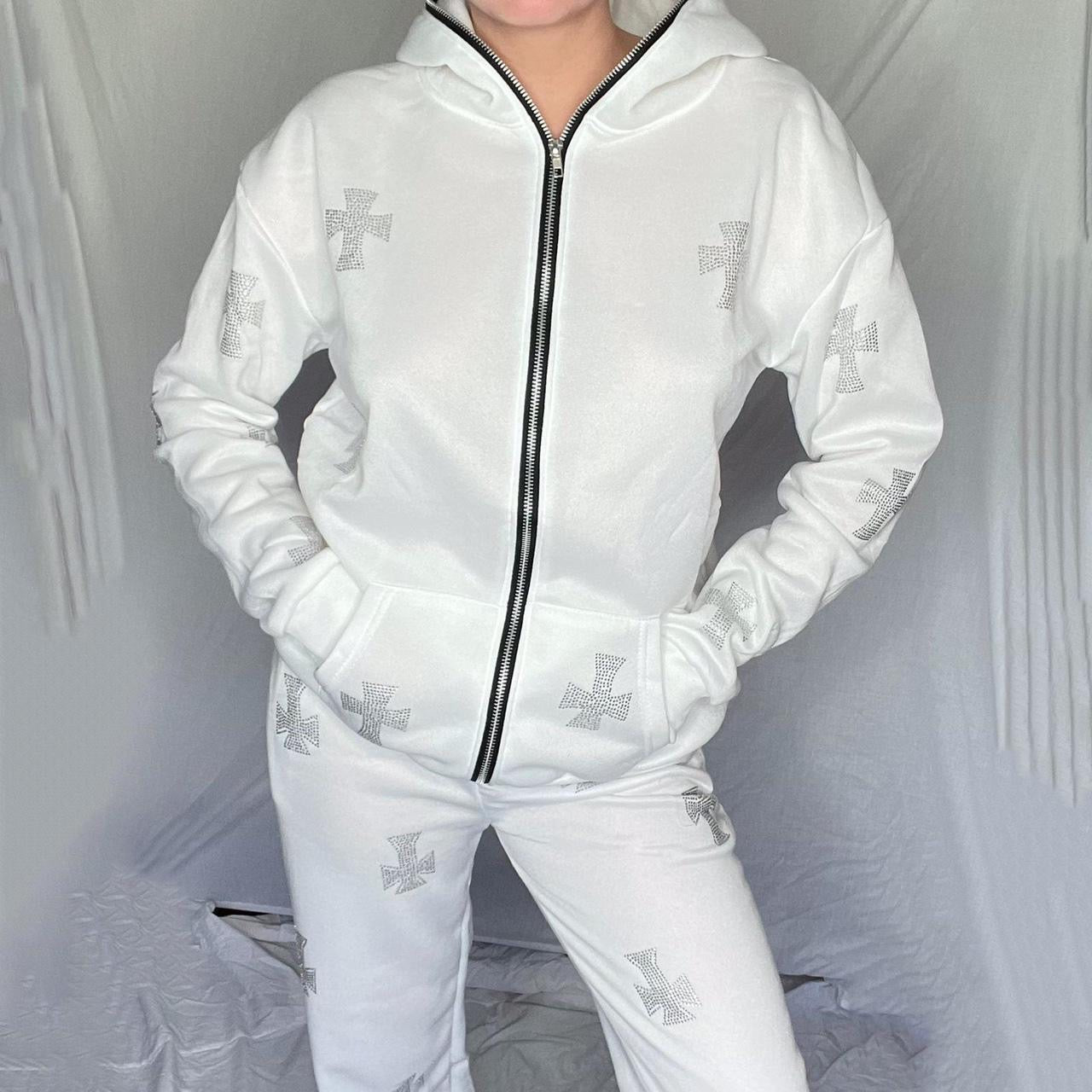 White Rhinestone Cross Tracksuit Set